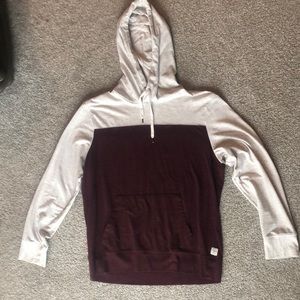 Men’s light grey & dark burgundy American Eagle brand hooded long sleeve tee.